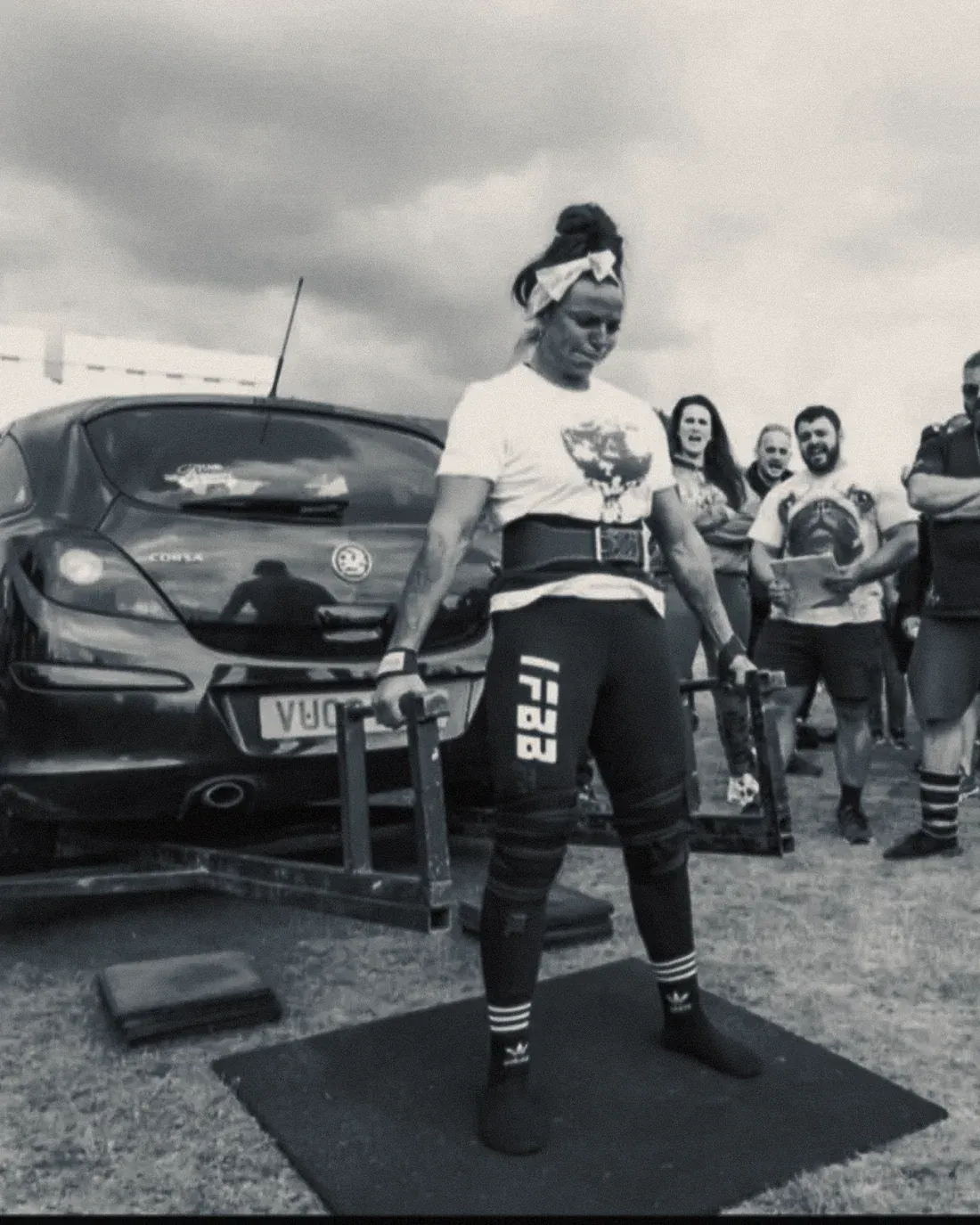 Jayne Tingle competing in a strongman event